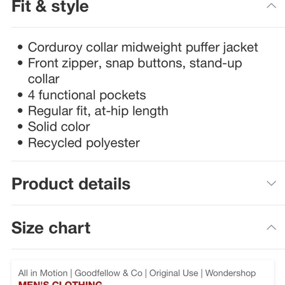 Men's Corduroy Collar Midweight Puffer
Jacket - Goodfellow & Com Black - Picture 6 of 8